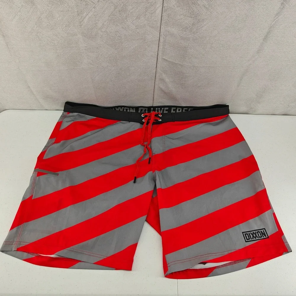 Dixxon Board Shorts Mens 44 Red Gray Striped Live Free Swim Trunks Surfing Beach